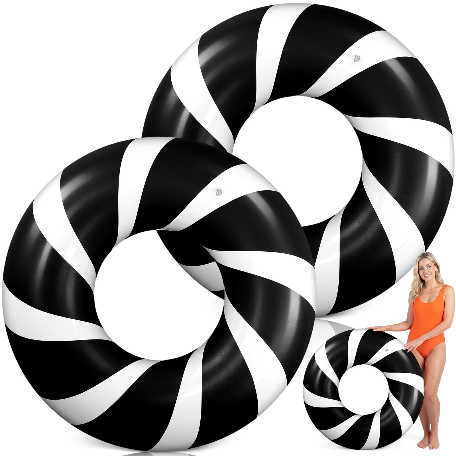 Arrowbash 2 Pcs 47 Inch Large Inflatable Pool Floats Jumbo Swimming Ring Donut Float Tubes for Adult Size Striped Pool Rings for Summer Halloween Beach Hawaii Wedding Party Favors(Black,White)