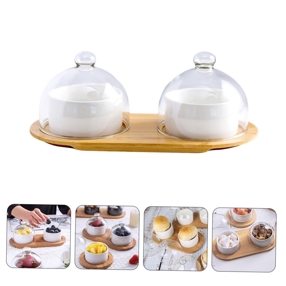 SOLUSTRE 2 Juegos Bol de Elegante para Servir Postres y Ensaladas con Superficie Lisa y Fácil Limpieza para Restaurante y Hogar Incluye Tapa Transparente y Bandeja