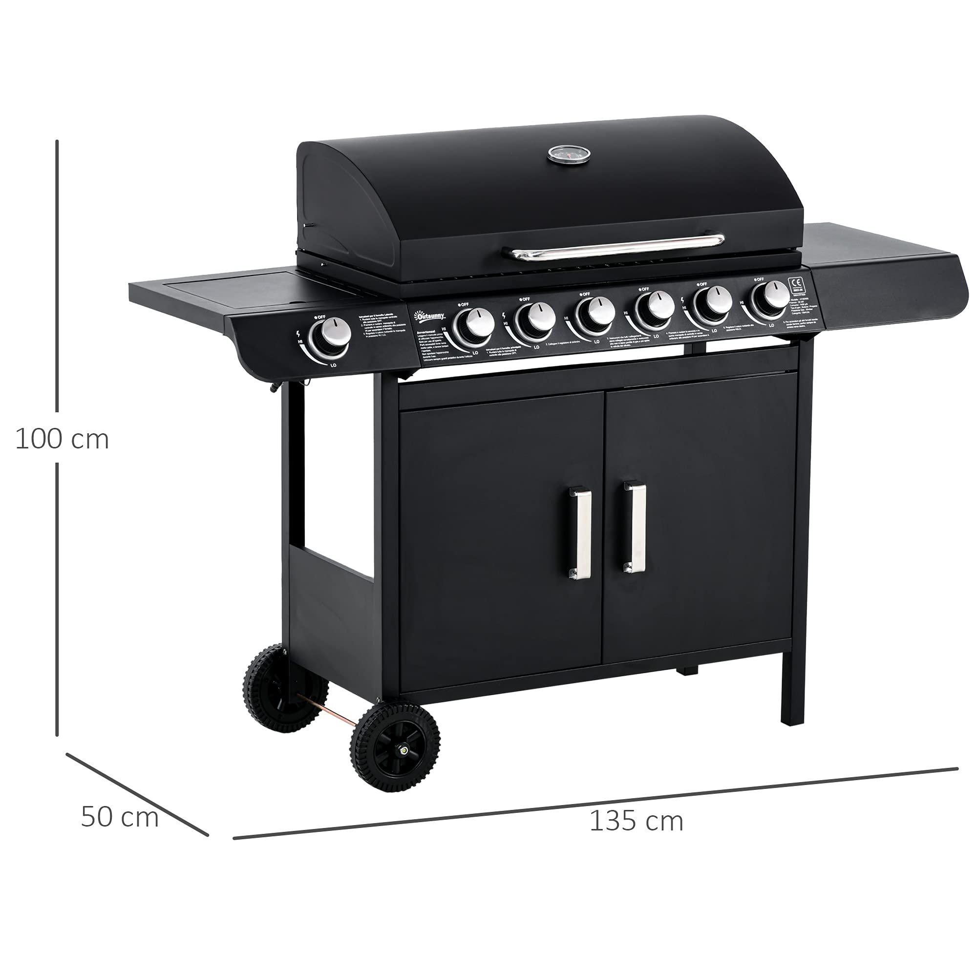 Outsunny Barbecue a Gas con Coperchio, 7 Bruciatori Totali da 20kW e Fornello Laterale, Termometro, Mensola e 2 Ruote, 135x50x100cm Nero