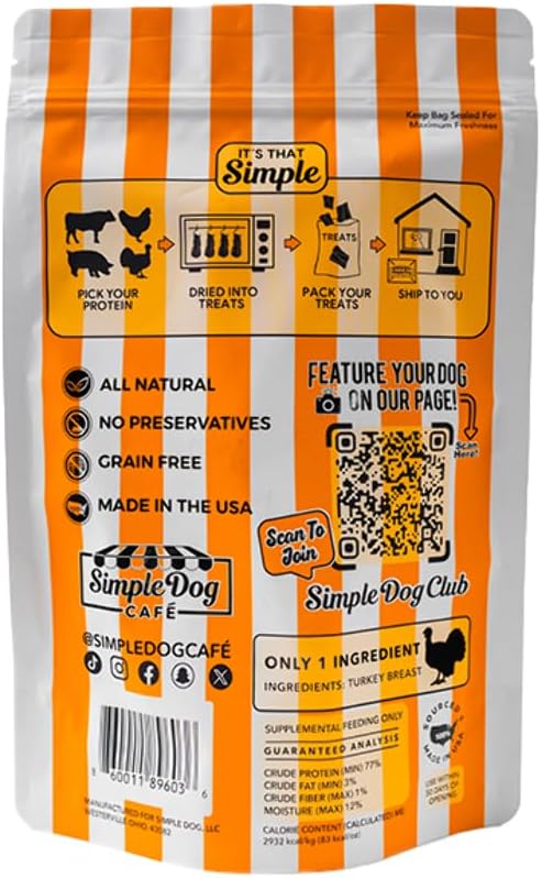 Turkey Jerky for Dogs, Only 1 Ingredient, 100% USA Sourced & Made, All Natural, Human Grade, No Preservatives, Grain Free, Dehydrafted Meat Jerky Treat for Dogs, 6 oz Resealable Bag