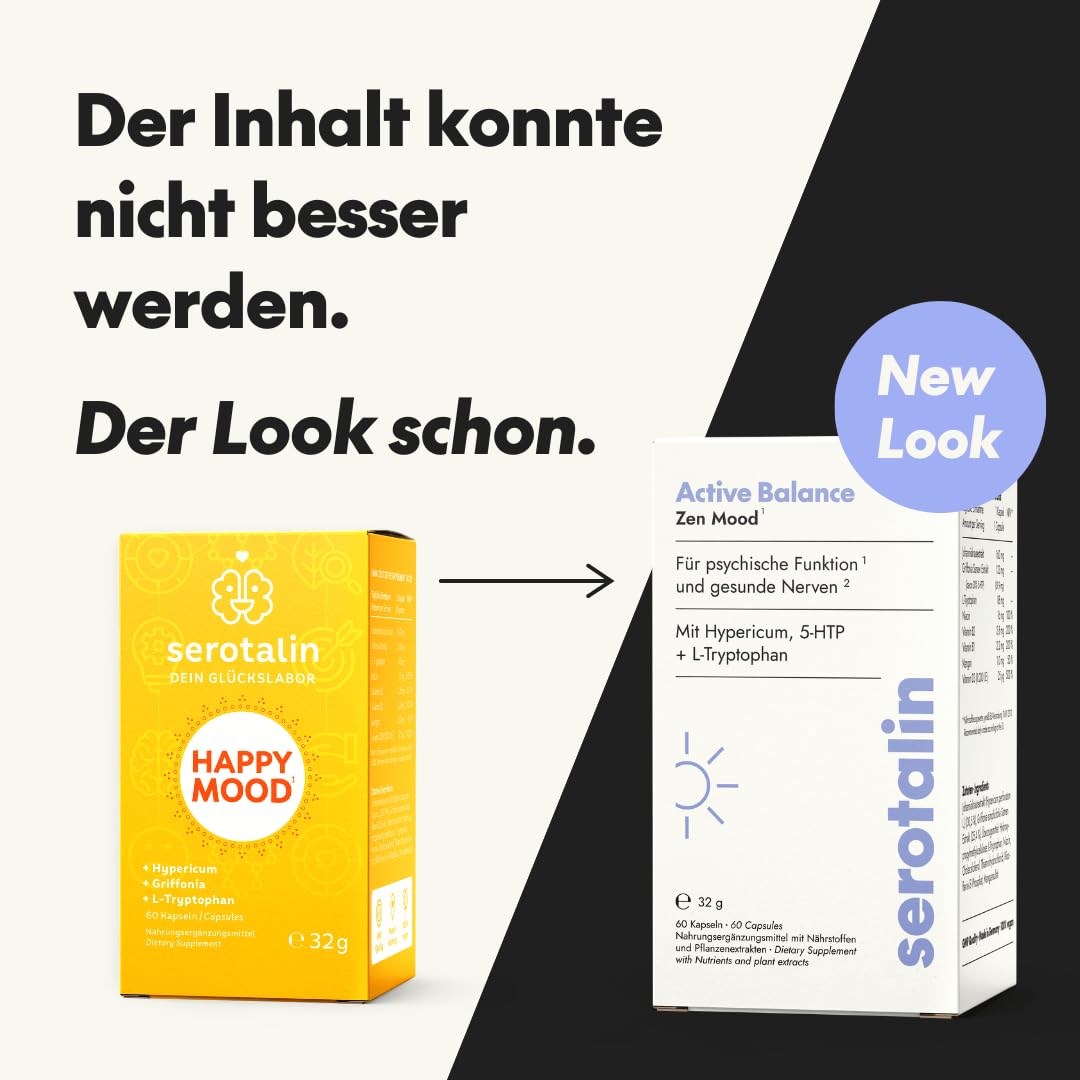serotalin Active Balance Zen Mood | 60 hochdosierte Johanniskraut Kapseln mit Griffonia & L-Tryptophan, Vitamin D3, B-Komplex & Mangan | Ohne Koffein | Vegan
