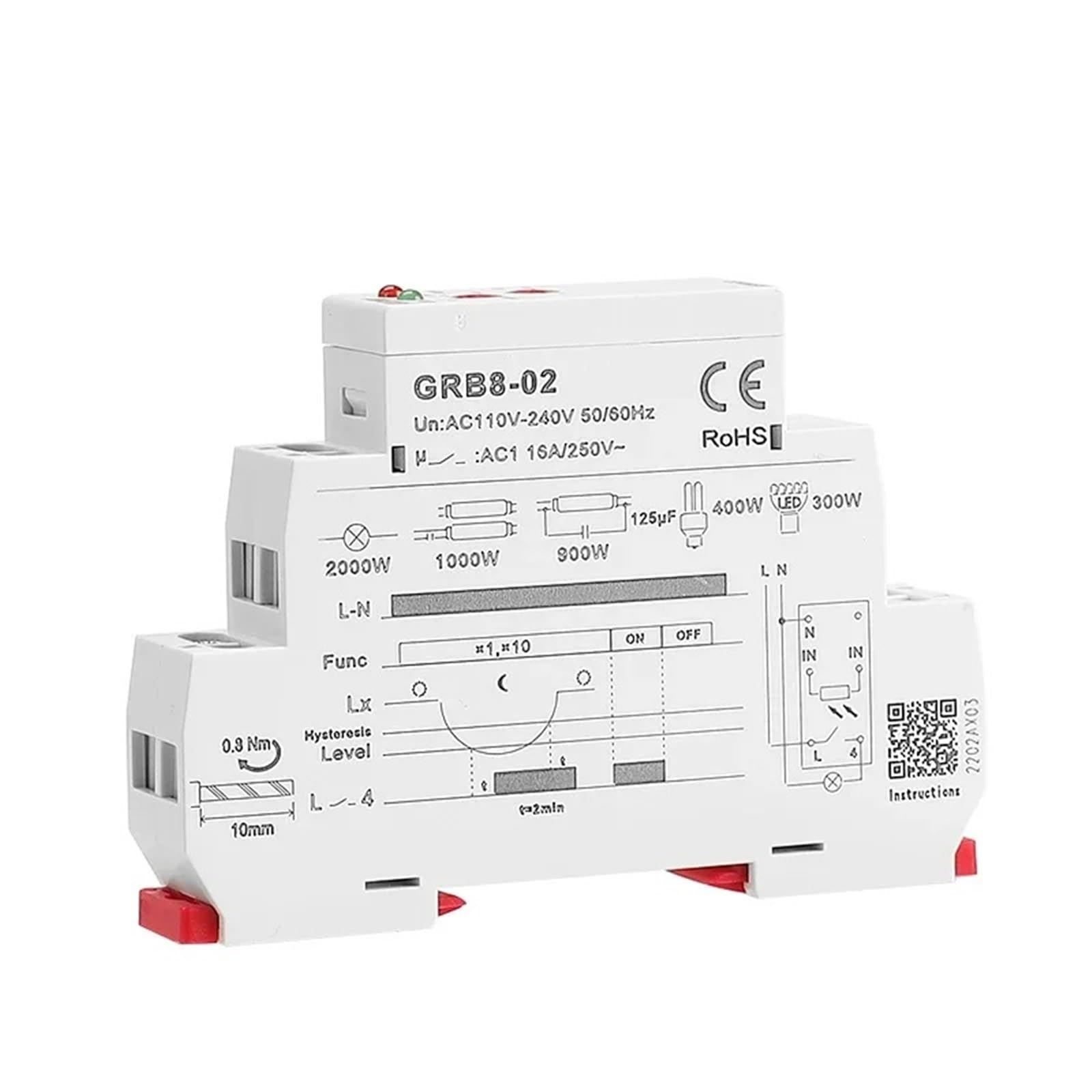 GRB8-01/02 Interruptor Crepuscular CA 110 V-240 V Sensor de Alumbrado Público Relé Modular de Riel DIN 16 A Conmutación Automática(GRB8-02 AC110-240V)