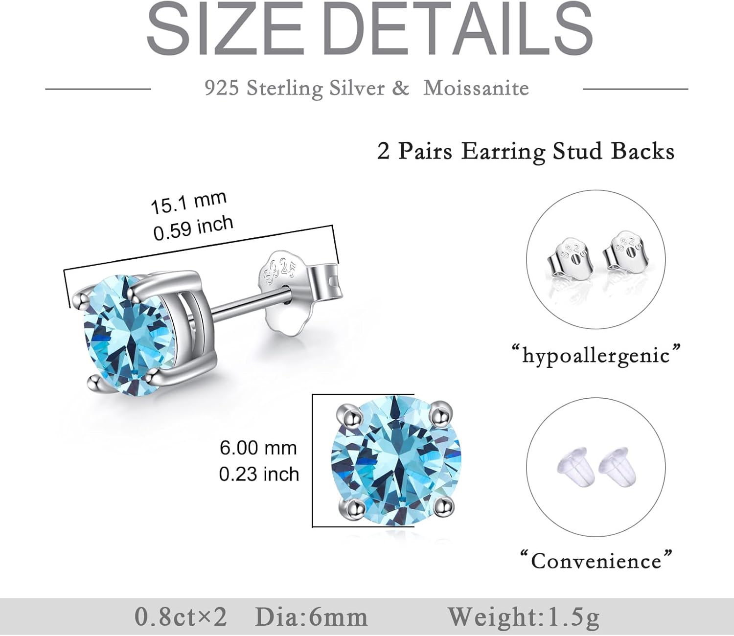 AOBOCO Birthstone Stud Earrings for Women 925 Sterling Silver Crystal Stud Earrings Hypoallergenic Jewelry Birthday Christmas Gifts for Women Men - Image 5