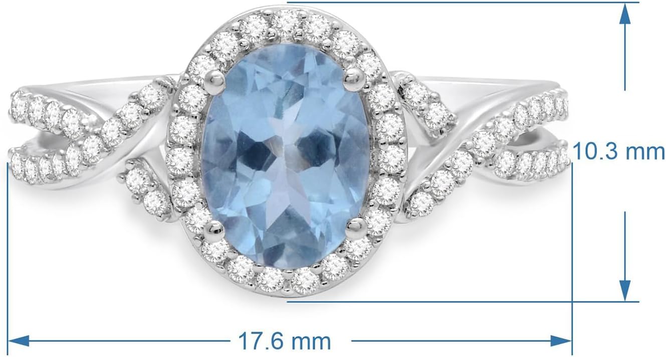 Jewelili Sterling Silver 9x7 MM Oval Cut Aquamarine and Round Created White Sapphire Infinity Halo Engagement Ring