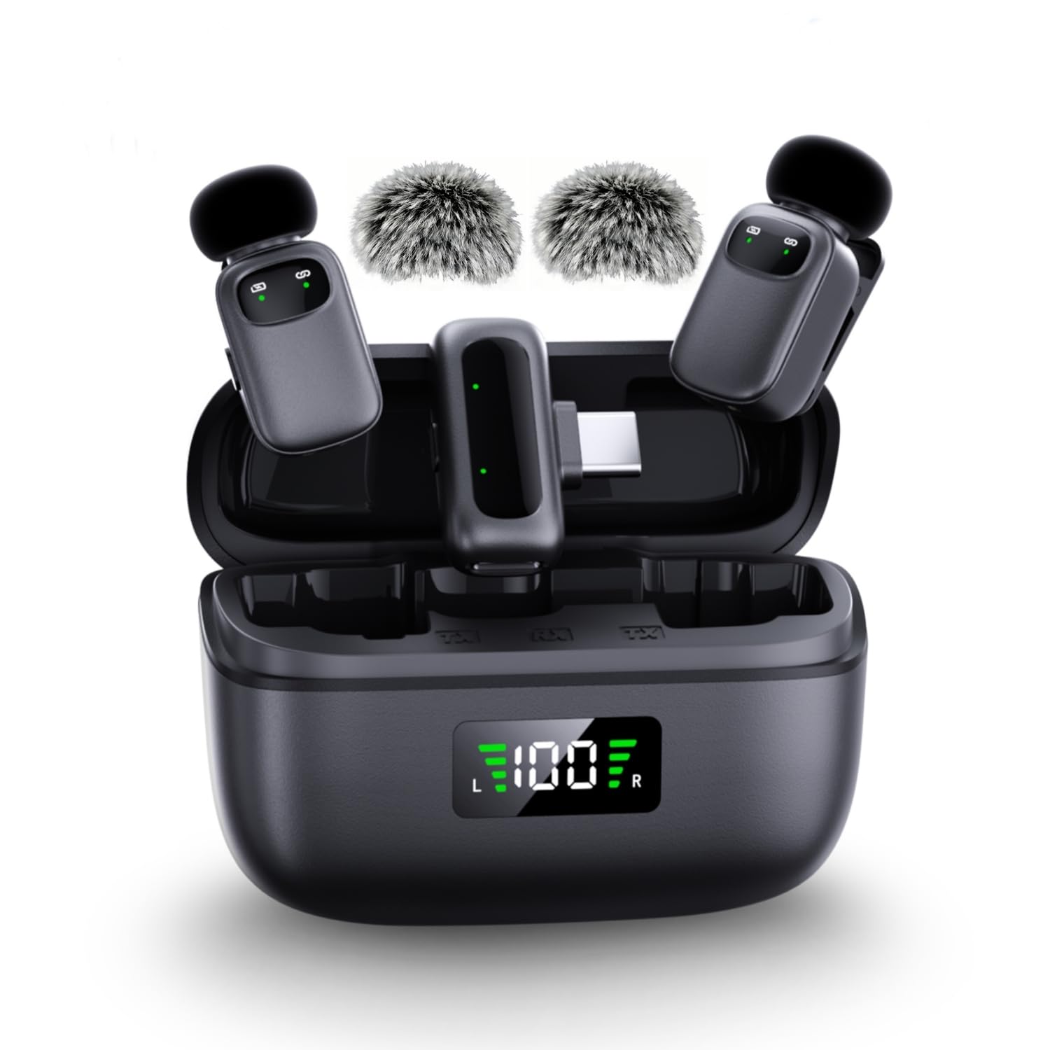 Microfono lavalier wireless per iPhone/fotocamera/laptop con custodia di ricarica, riduzione del rumore di terzo livello, durata della batteria 30H, microfono da bavero wireless per