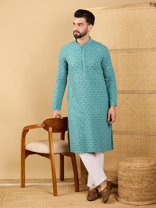 Image of Men's Solid Embroidered Long Straight Kurta | Men's Kurta | Embroidered Chikankari Kurta for Men | Straight Fit Kurta for Men