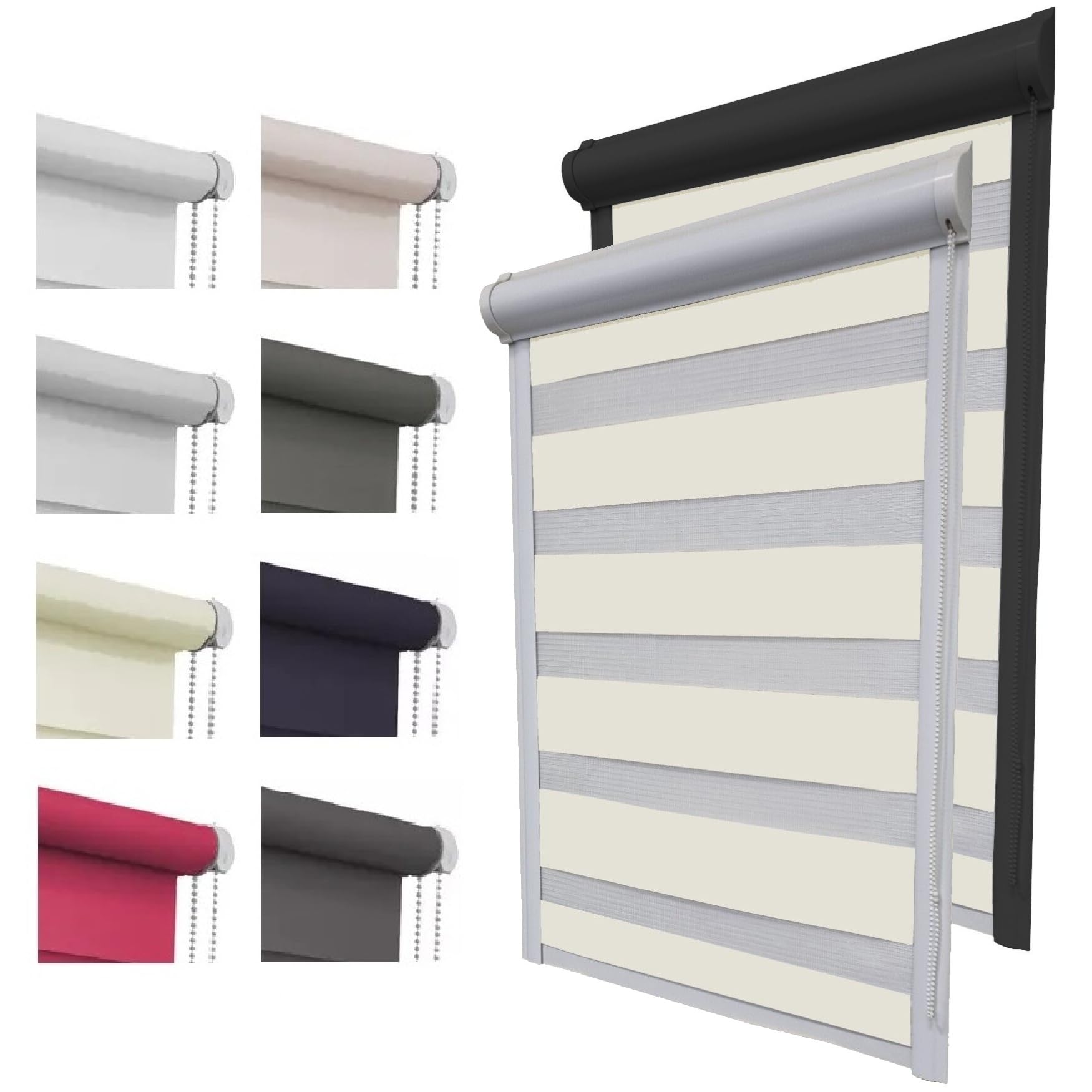 Doppelrollo ohne Bohren zum Kleben Duo Rollo für Fenster & Tür mit Kassette Blende | 8 Farben | Fensterrollo Sonnenschutzrollo Seitenzugrollo Zebrarollo Streifenrollo Blickdicht lichtdurchlässig