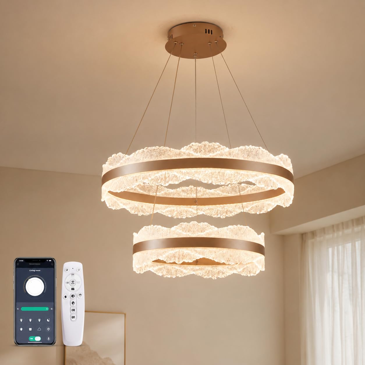 duowelly 2 Ring LED Chandelier Ceiling Light, Dimmable Pendant Light