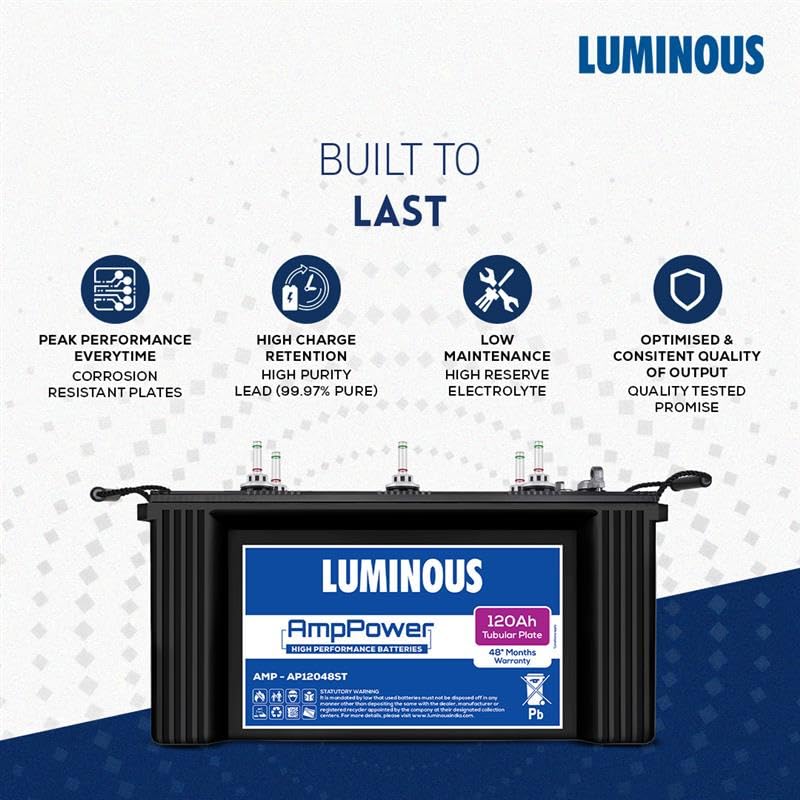 Image of Luminous Zelio 1100 Pure Sine Wave 900VA Inverter with 120Ah AmpPower Short Tubular Battery & Trolley Combo for Home, Shop & Office | Warranty: 36M (Inverter), 48M (Battery) | Reliable Power