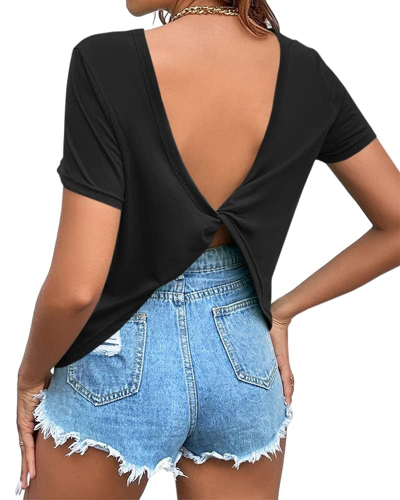 Cicy Bell Damen T-Shirt Kurzarm V-Ausschnitt Crop Top Sexy Twist Rückenfrei Tshirt Sommer Tops Basic Einfarbig T Shirts Y2K Oberteile Locker Elegant Tee