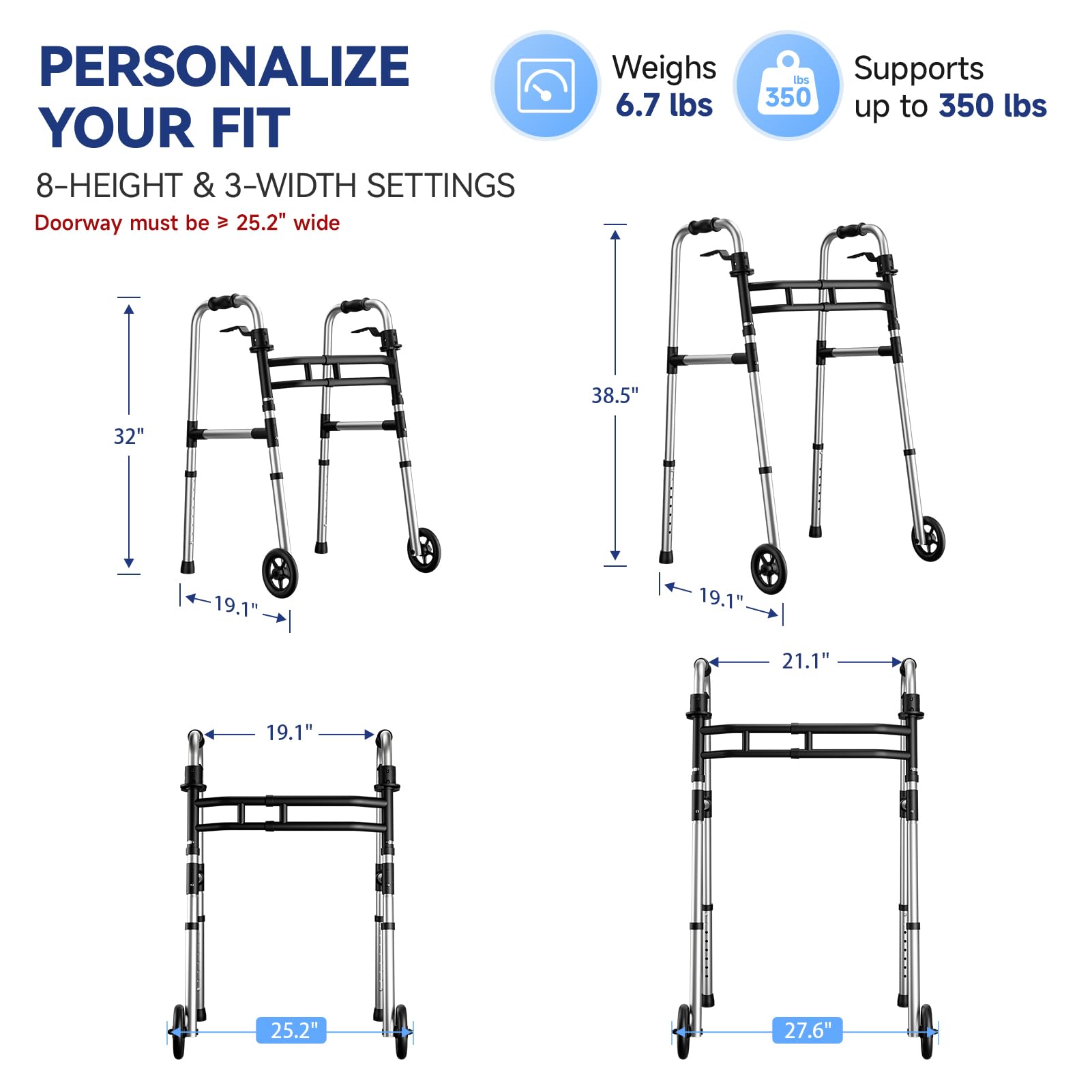 Loyoda Andador médico plegable ligero de 5 pulgadas con ruedas delanteras de altura ajustable de aluminio estándar para personas mayores con discapacidad