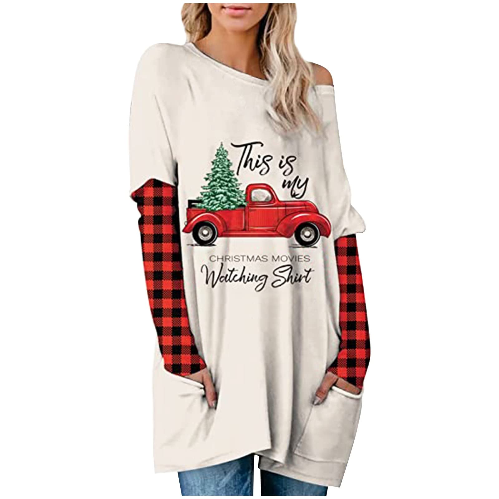 Women's Christmas Print Color-blocking Round Neck Long-sleeved Pullover Casual Sweater Dress