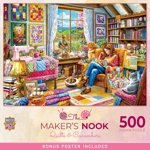 Rompecabezas de 500 piezas MasterPieces para adultos, familia o jóvenes - Maker's Nook - Quilts & Cucumbers - 21" x 15"