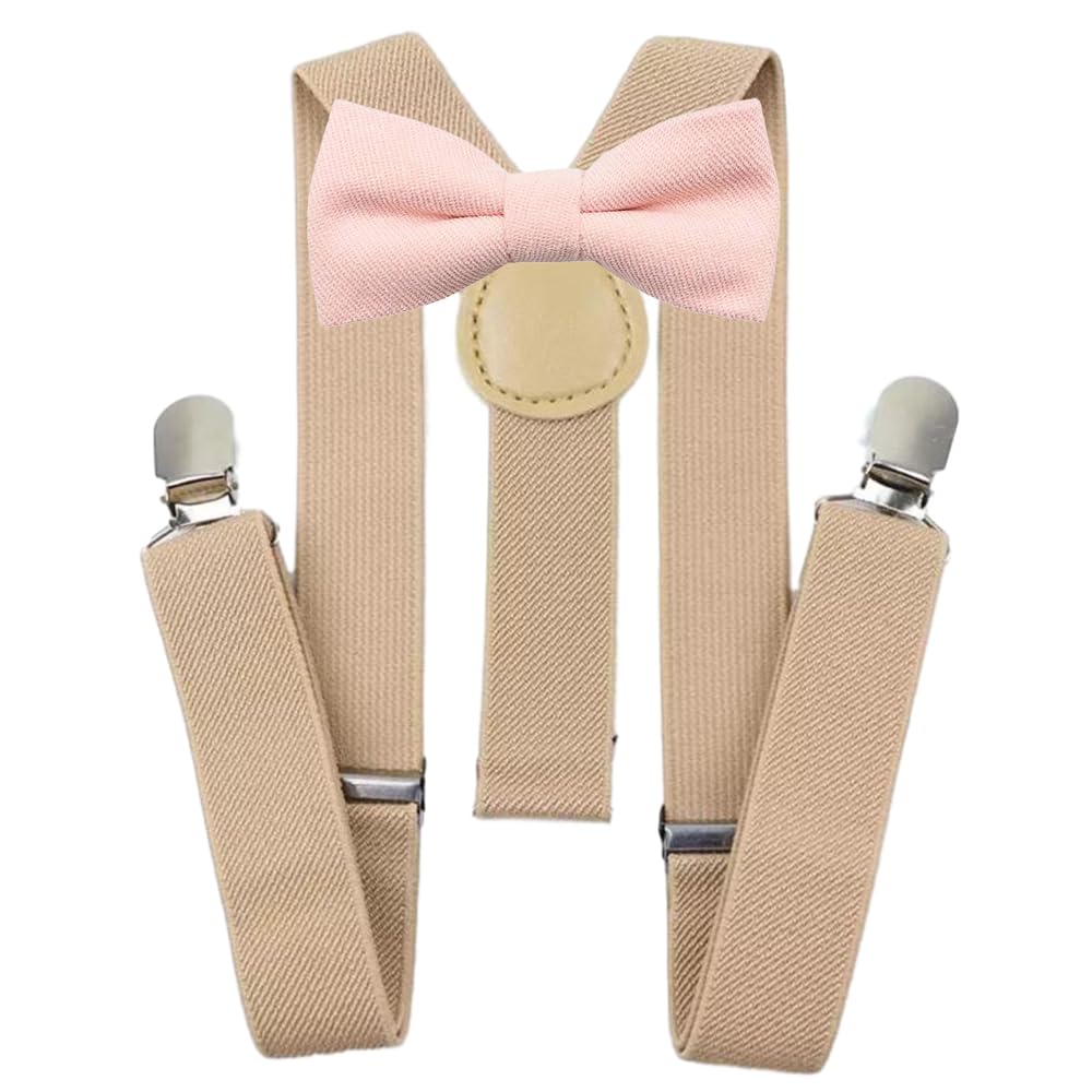 Children's Kids Boys Cotton Blend Pre-Tied and Elasticated Bow Tie & Cream Braces Set (Soft Pink) - suitable for formalwear, weddings, parties, pageboy outfits