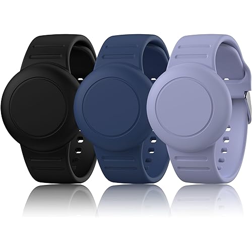 3 Pack Waterproof Air Tag Bracelet for Kids, Soft Silicone Air tag Holder for Apple Air Tag Case, Adjustable Anti Lost Watch Band for Kids 3 Years Old and up (Black/Navy Blue/Bluegrey)