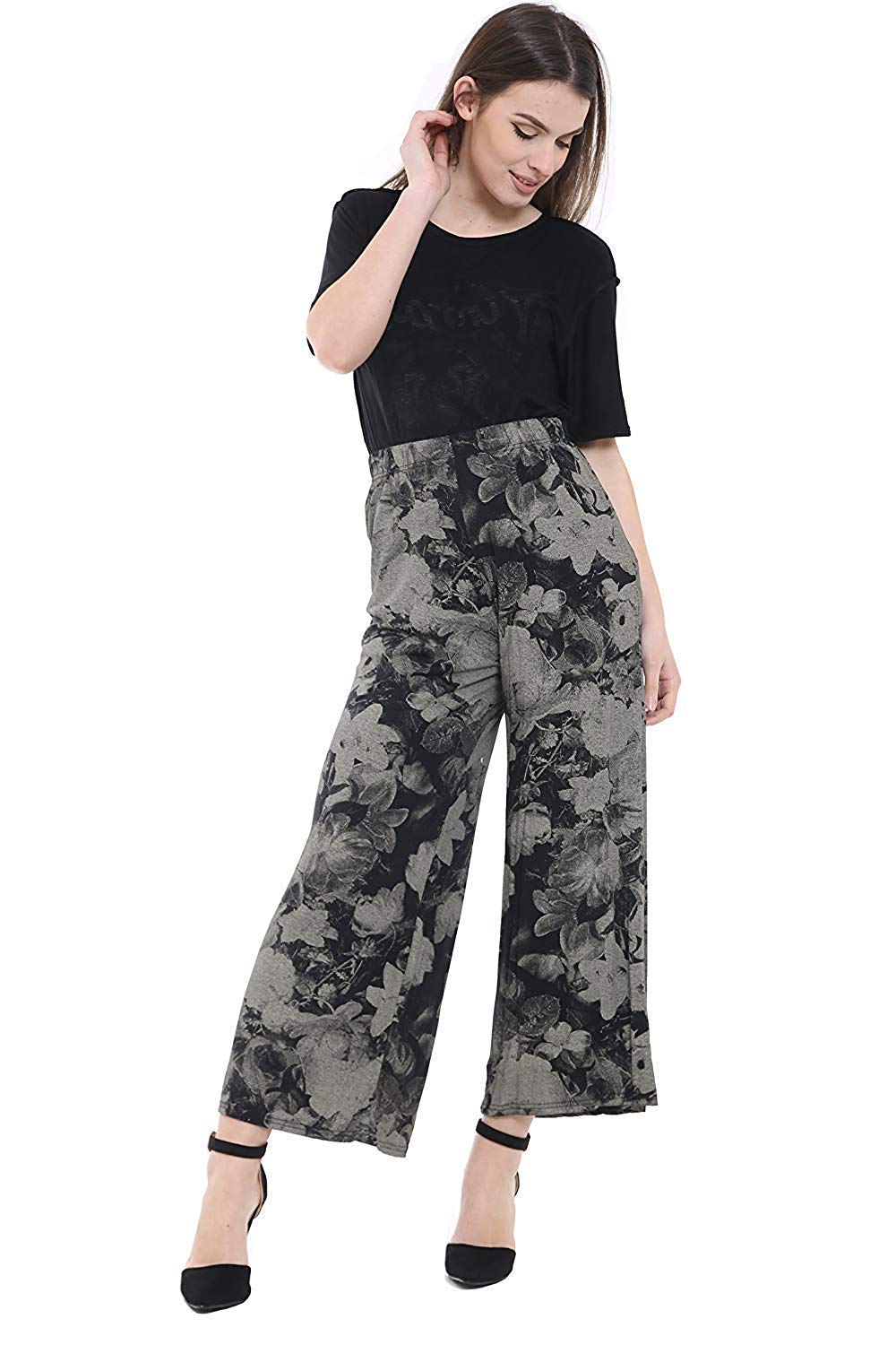 Wearall Women's Tie Dye Floral Palazzo Wide Leg Flared Elasticated Stretch Plus Size Plain Trousers 16-18
