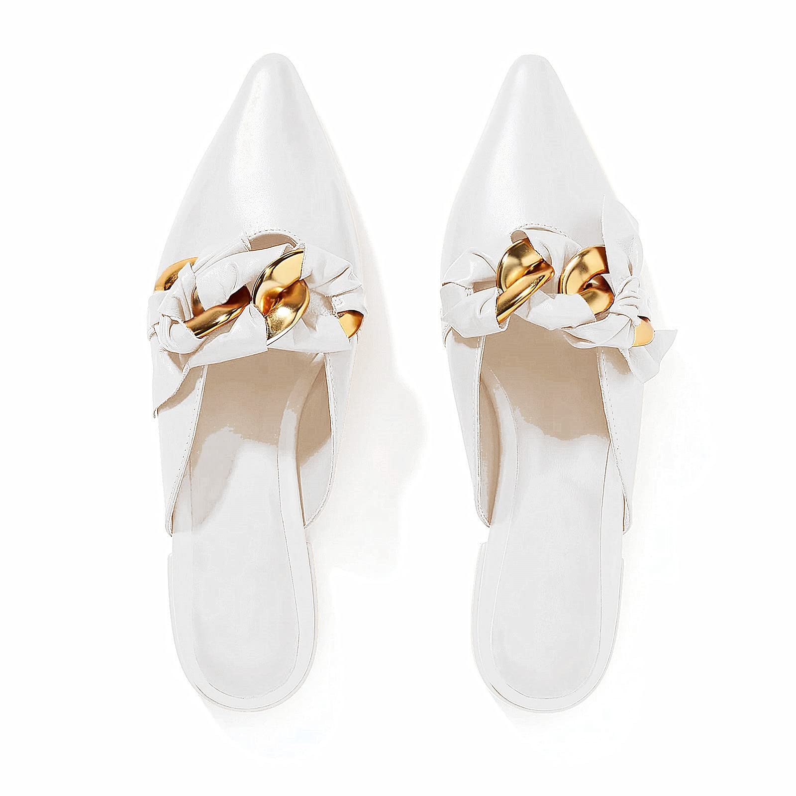 FashareWomens Mules Dress Shoes Backless Loafers Pointed Toe Bow Gold Chain Slip on Office Work Flats Slides