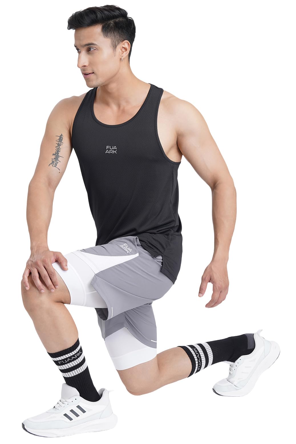 FUAARK 2 in 1 Compression Shorts for Men for Gym, Sports, Running & Cycling Activities with Pocket (Grey with White, L) 2