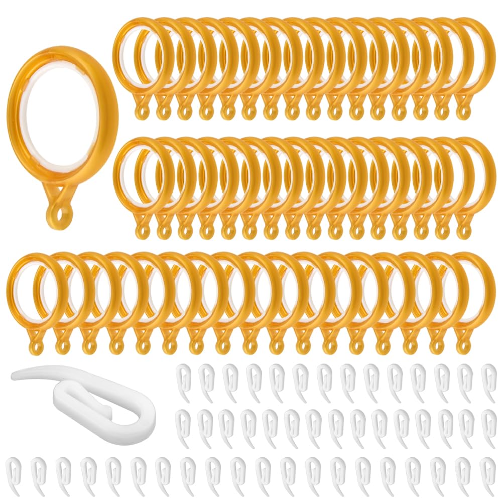 TOVOT 50PCS Silent Type Curtains Rings Set and Hooks 35MM Inner Diameter Curtain Plastic Pole Rings Hoops for Drapery Hanging(Yellow)