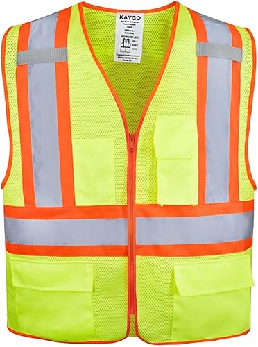 KAYGO Chalecos de seguridad de alta visibilidad KG0100, Chalecos de seguridad reflectantes con bolsillos y cremallera,ANSI Tipo R Class2 Not FR