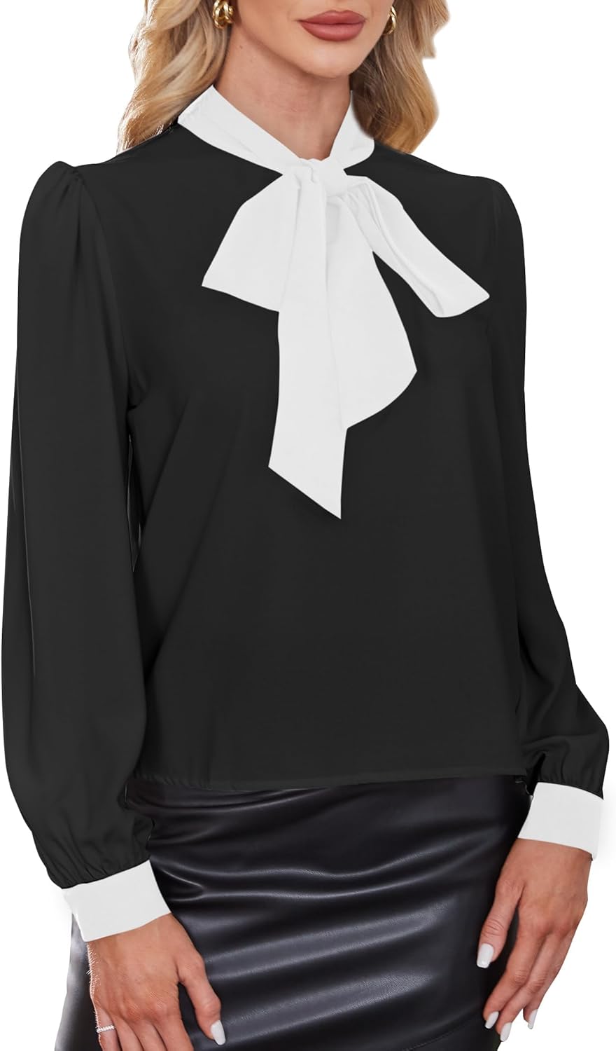 Avanova Women Bow Tie Neck Blouse Shirt Bishop Long Sleeve Work Office Top - Image 6