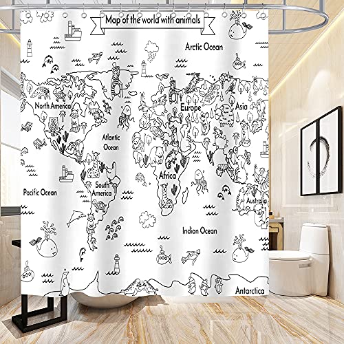 Black And White Shower Curtain Map Of World Wildlife Animal Ocean Theme For Kids Bathroom Decor Cloth Fabric Sets With Hooks Waterproof Washable 72 X 72 Inches #TOP1