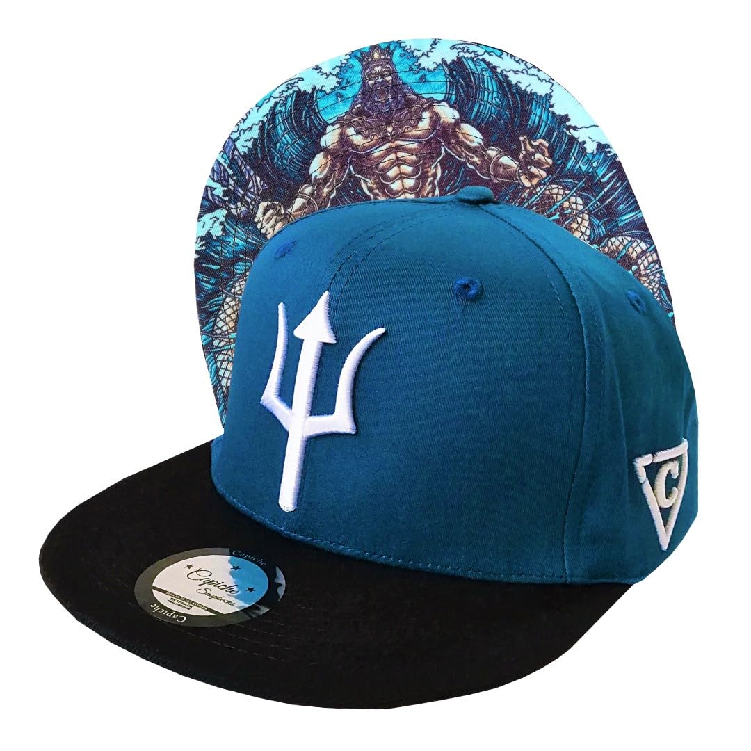 Capiche [99+ Variations] Poseidon Hat, Blue Snapbacks for Men, Mens Cap, and Black Flat Brim Hats Trident Logo, Teal, God of The Sea, Greek Mythology, Gorra, Navy Blue, Beach