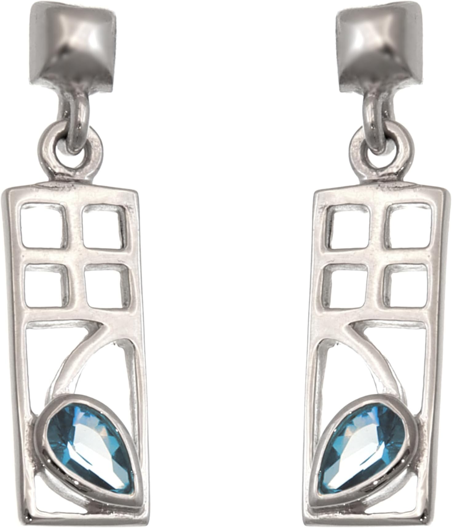 Charles Rennie Mackintosh Blue Topaz 925 Sterling Silver Earrings for Women - Drop Earrings with Jewellery Gift Box - 18mm x 7mm