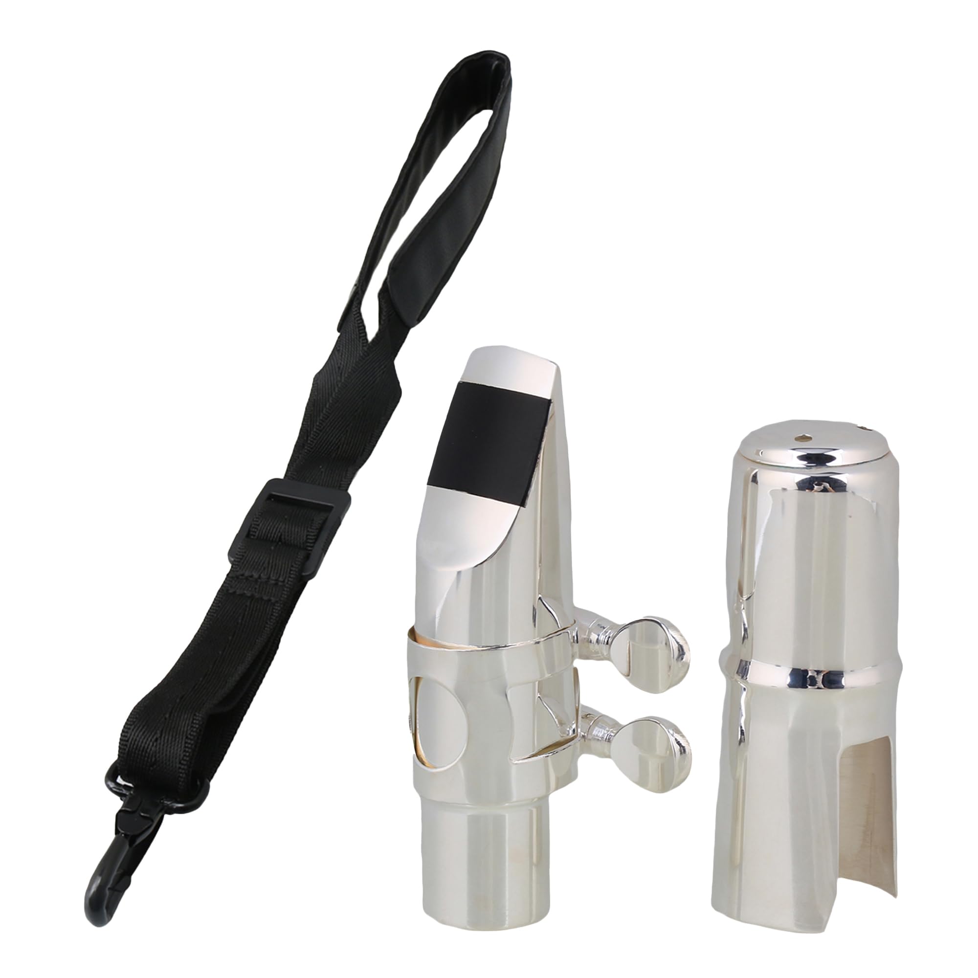 Yibuy2Pcs 6# Alto E Flat Sax Mouthpiece Silver for Beginner with Neck Strap for Music Lover