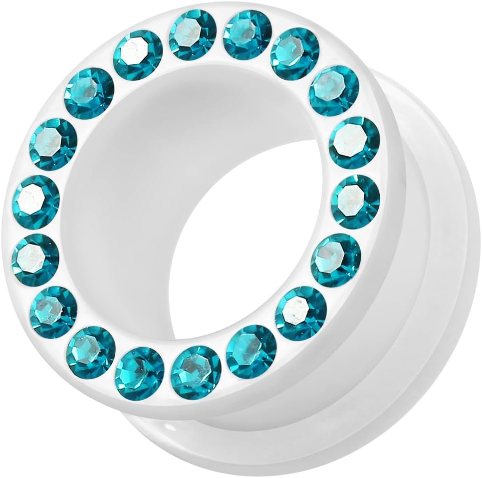 Multi Blue Zircon Crystal Stone Setting on White Acrylic Ear Gauge Flesh Tunnel