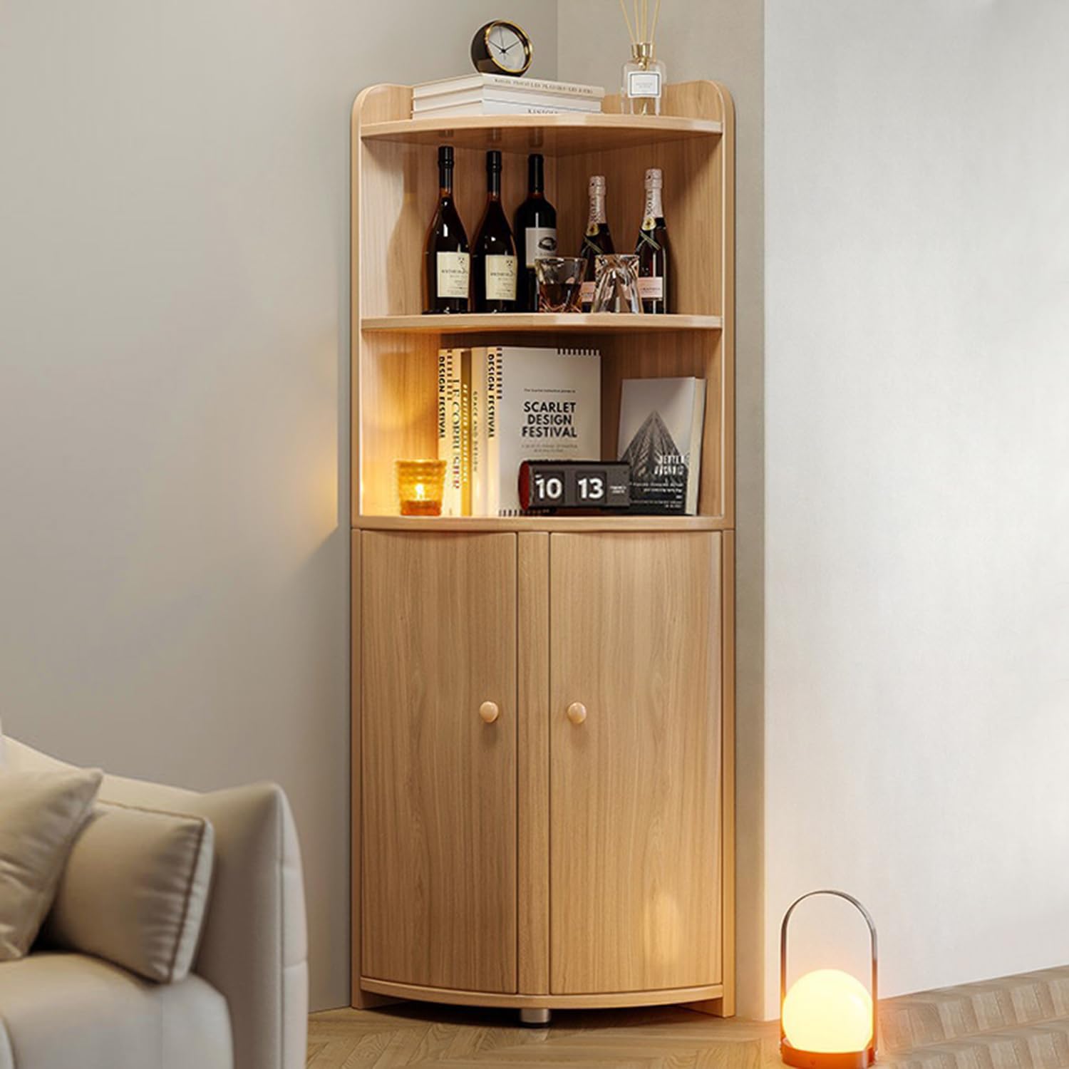 IOTXY Curved Corner Storage Cabinet - Wooden Corner Bookshelf with