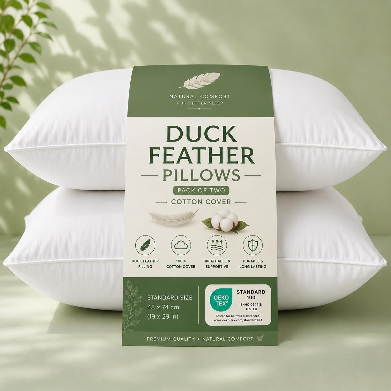1200gsm Duck Feather Pillows 2 pack Extra Soft Hypo Allergenic Anti Dust Mite Filling 85% Feather 15% Down Pillows Premium Support Designed Side Back Sleepers Bed 48X74cm (Pack of 2 (Cotton Cover)