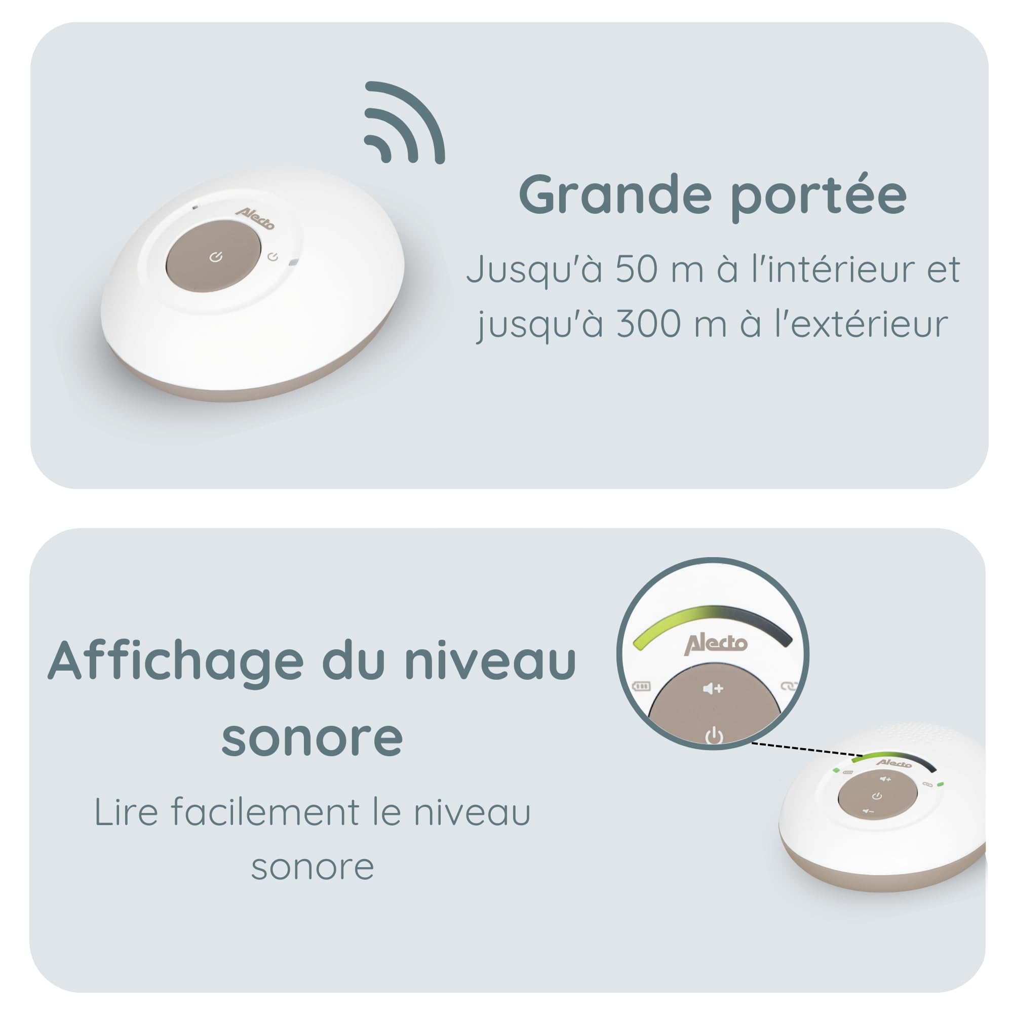 Alecto DBX110 Babyphone Audio – Babyphone numérique avec DECT – Portée de 300 m – Design compact – Échelle de volume LED – Fonction VOX – Faible rayonnement – Beige