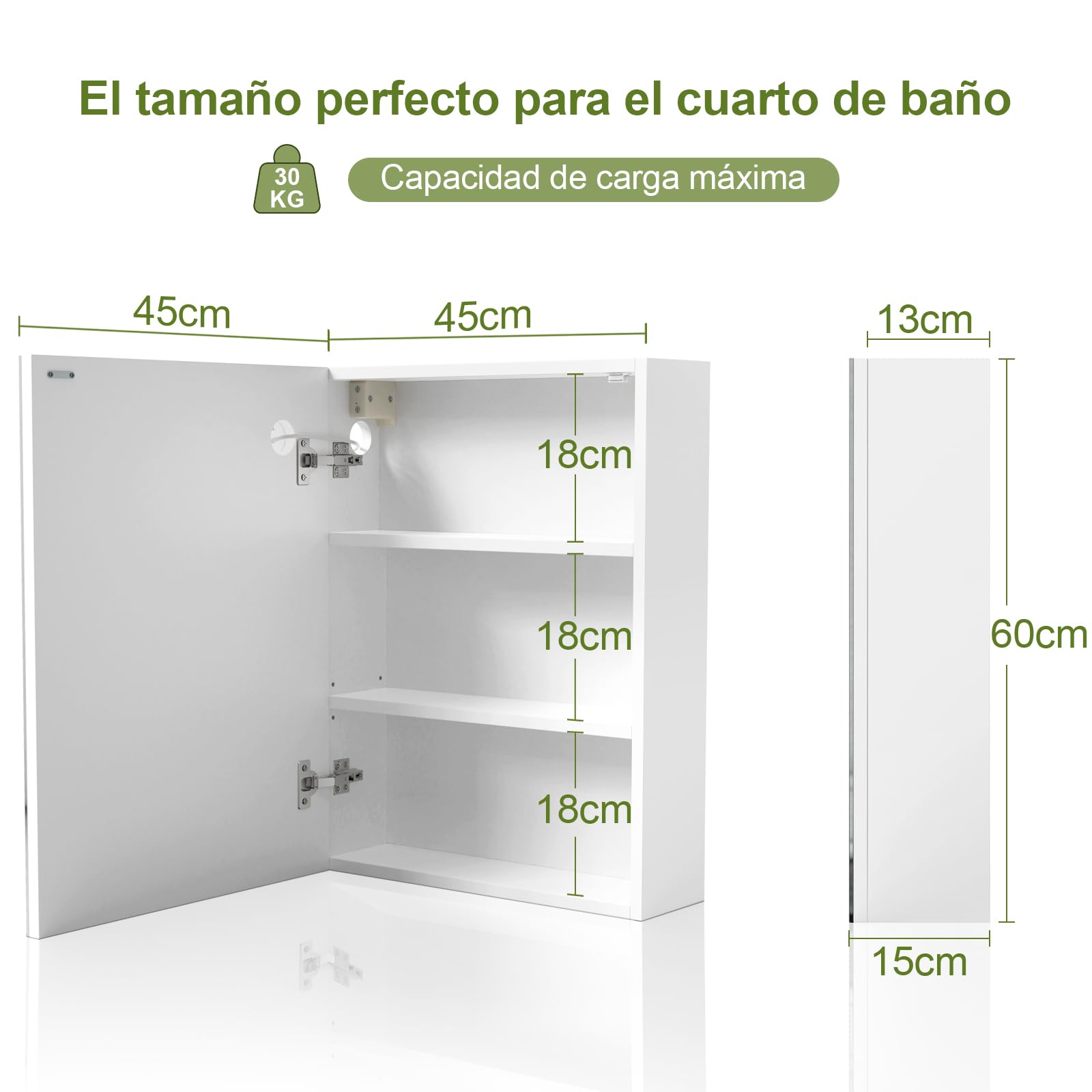 Armario Espejo baño con luz, Mueble de Baño, 3 Estantes Ajustable