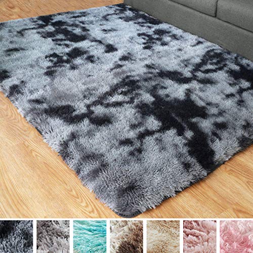 PAGISOFE Ultra Soft Abstract Area Fluffy Rug Black White Gray 4x5.3 Feet Carpet
