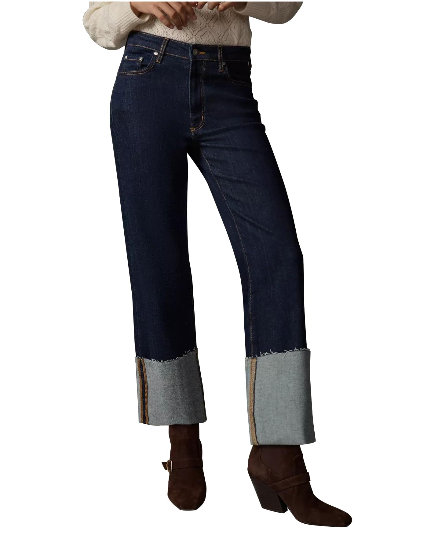 YEXPINE Jeans de puño ancho para mujer, tiro alto, pierna recta, pantalones de mezclilla casuales