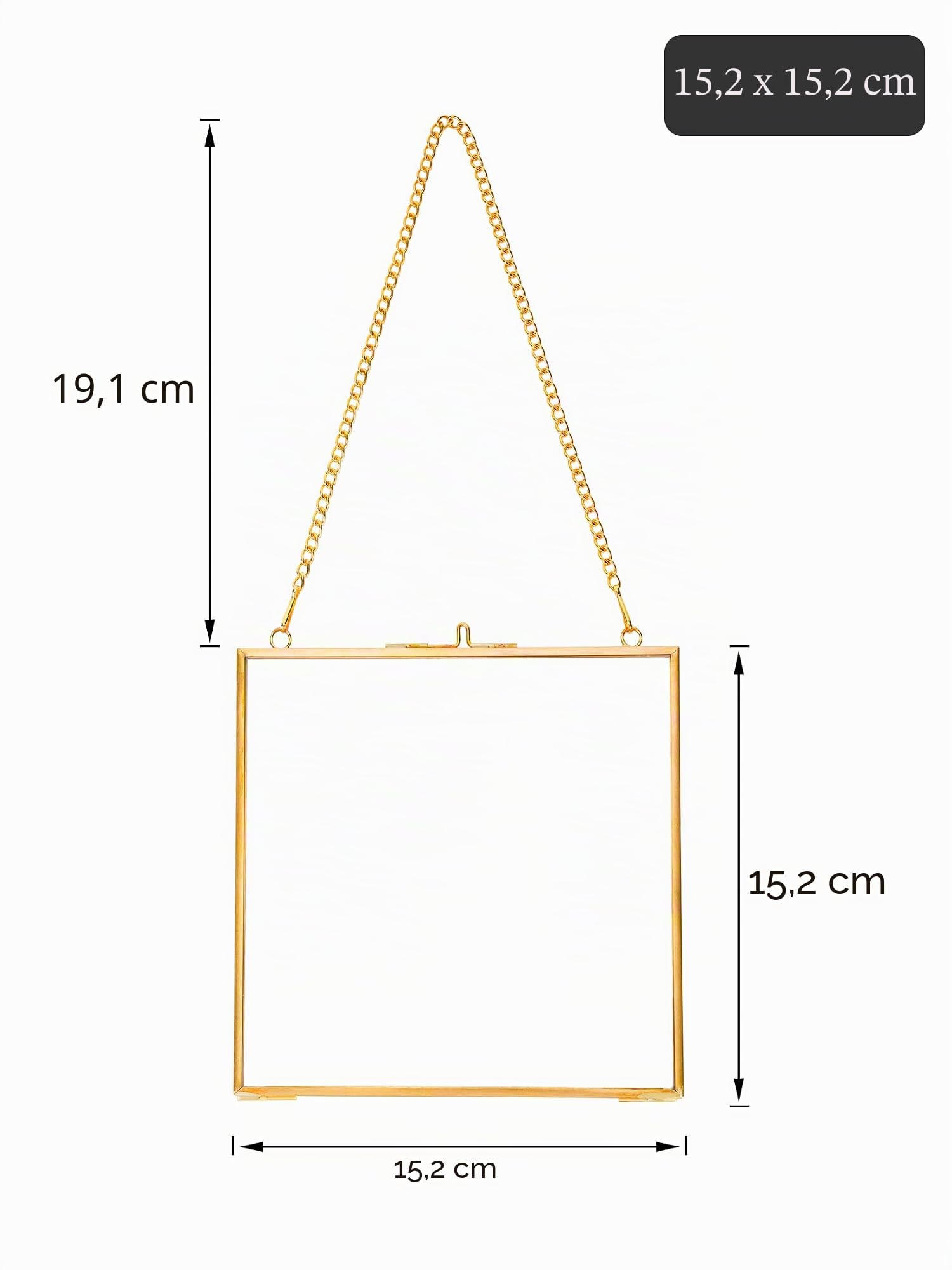 REDHUGO gepresste Blumenrahmen, schwebende Glasrahmen zur Präsentation von getrockneten Pflanzenspezimen, hängender Messing-Fotorahmen mit Kette, doppelt klares Glas, Vintage Wanddekoration, Quadrat