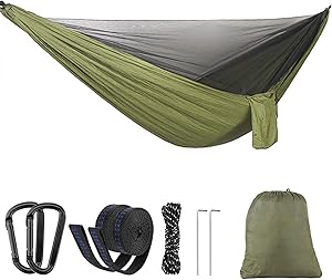 Lenzai 最新型 ハンモック 蚊帳付き 虫対策 パラシュート 通気 快適 軽量 4点セット 収納袋付き カラビナ付き 野営 ソロキャンプ ハイキング 蚊帳付きハンモック 日本語説明書付き