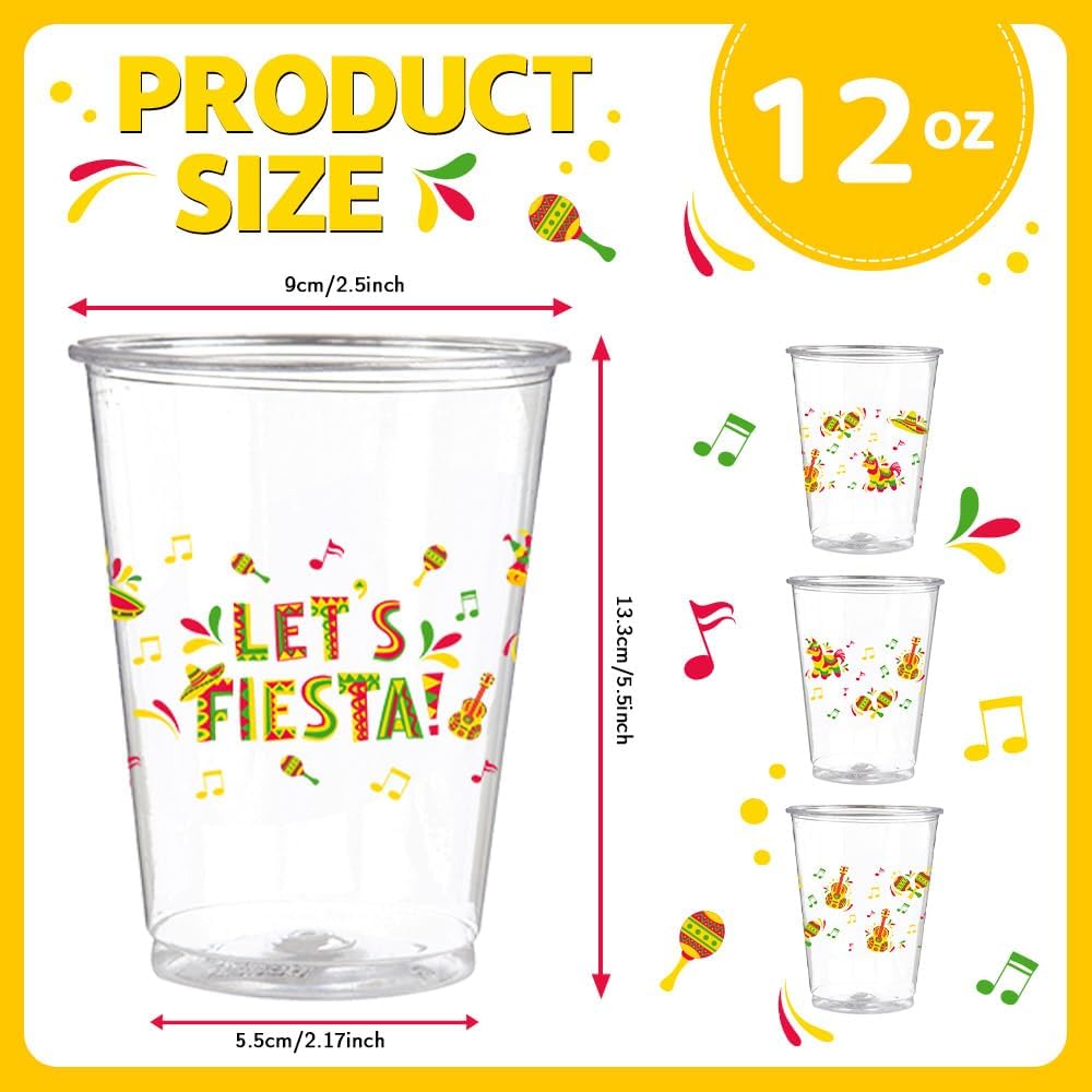 50 PCS Fiesta Party Plastic Cups 12 oz Mexican Cinco De Mayo Clear Disposable Plastic Cups Decorations Taco Bar Let's Fiesta Taco Birthday Wedding Party Drinkware Supplies - Image 2