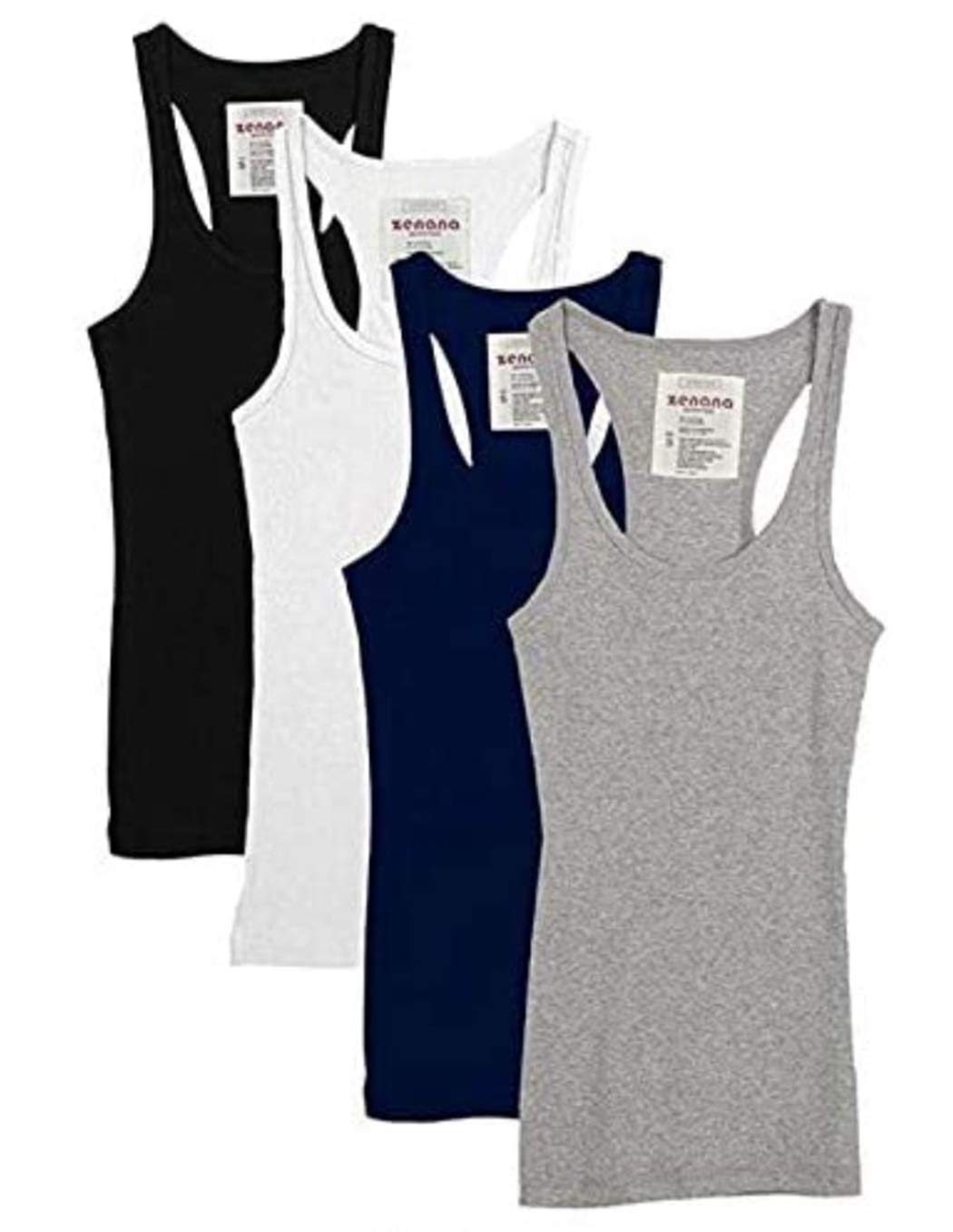 Zenana Outfitters 4 Pack Womens Basic Ribbed Racerback Tank Top Black White Navy H Grey X-Large