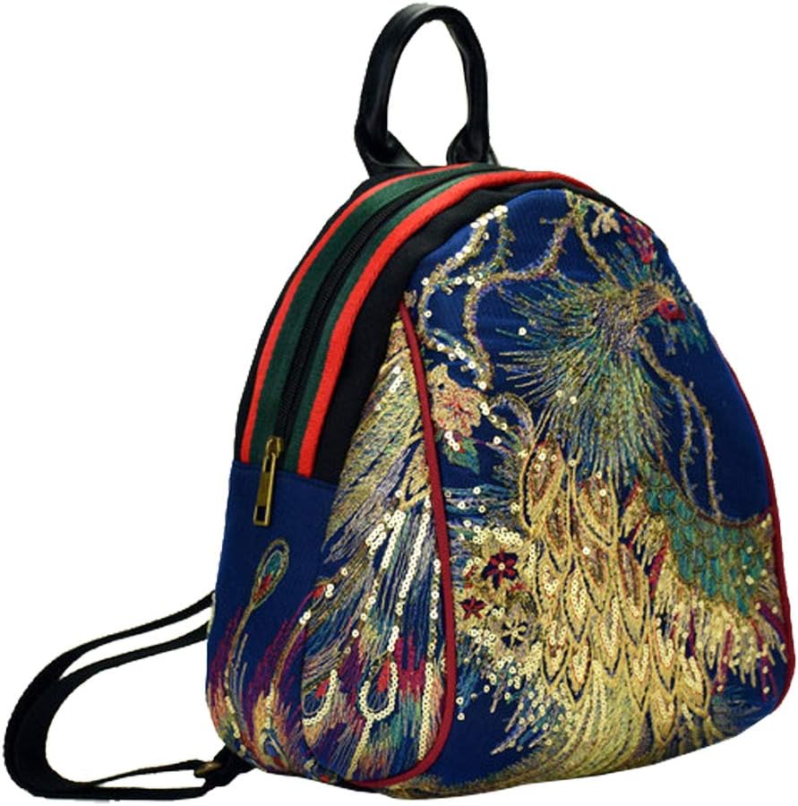 Vintage Canvas Boho Backpack Shoulderbag for Women - With Phoenix Sequin Embroidery
