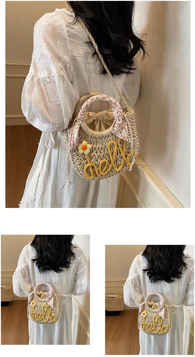 Summer Women's Hollow Woven Straw Handbag - Versatile Top Handle Shoulder Crossbody Beach Bag for Vacation(D)