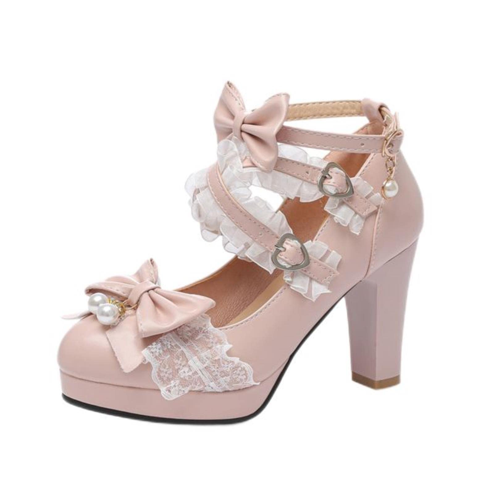 DSAI Summer Ladies High Heel Thick Bottom Cute Bow Knot Lace Princess Mary Jane Lolita Shoes Party High Heel Buckle Girls Shallow Mouth Girls Sweet-6,8