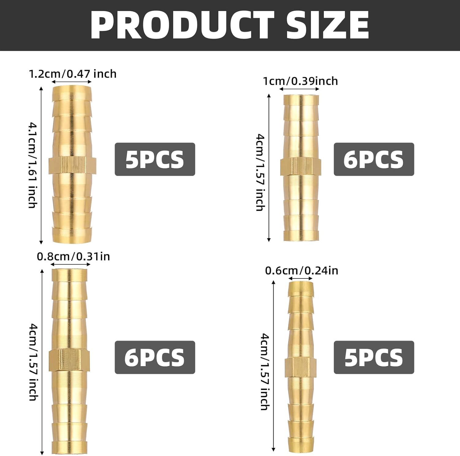 22Pcs Brass Barbed Hose Fittings, 1/4" 5/16" 3/8" 1/2" (6mm/8mm/10mm/12mm) Hose Barb Splicer Mender, Durable Hose Barb Fittings for Air/Fuel/Water/Oil Hose, Corrosion-Resistant Hose Connectors