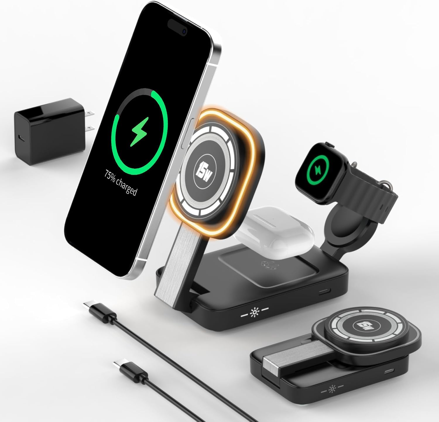 3 in 1 Foldable Wireless Charging Station for iPhone Magnetic Charger,Mag-Safe Travel Wireless Charger Stand Dock Compatible with iPhone 16/15/14/13&Air-Pods&Apple Watch with Night Light Stand(Black) 3 in 1 Foldable Wireless Charging Station for iPhone Magnetic Charger,Mag-Safe Travel Wireless Charger Stand Dock Compatible with iPhone 16/15/14/13&Air-Pods&Apple Watch with Night Light Stand(Black)