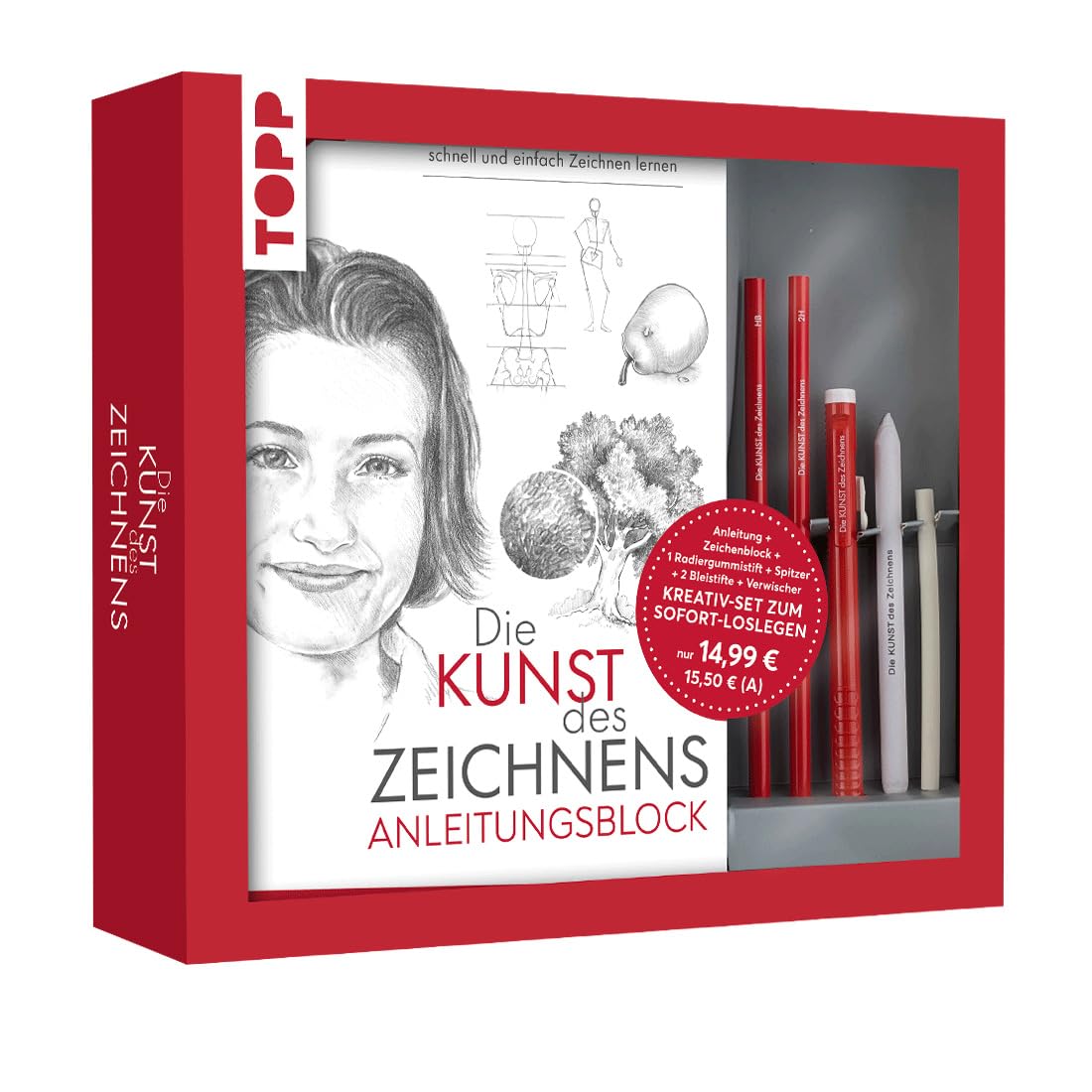 Kreativ-Set Die Kunst des Zeichnens: Anleitungsbuch, Skizzenblock, Zeichenmaterial: Bleistifte in HB, B, Radiergummistift, Spitzer, Blender