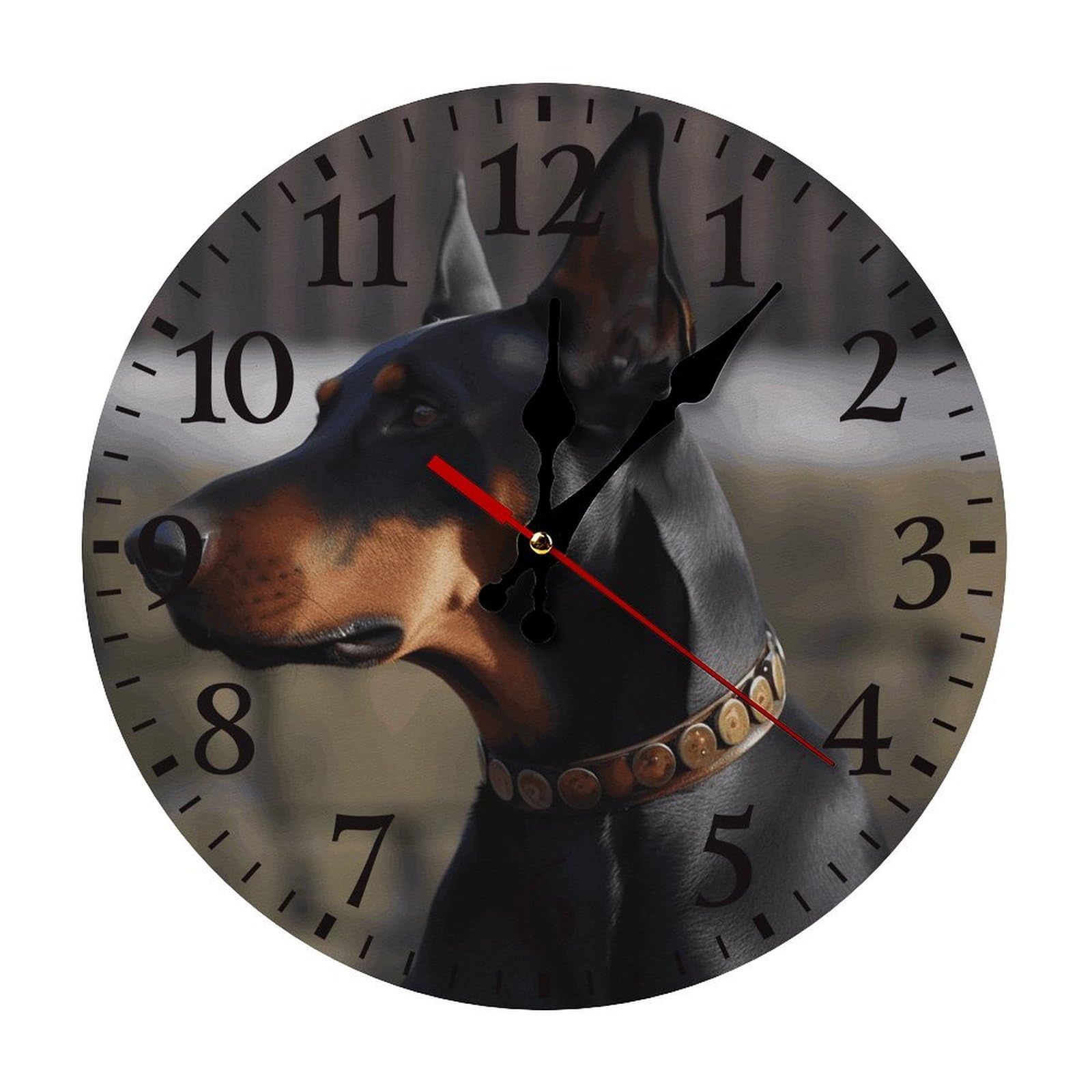 QMNLKH Doberman Wall Clock for Home, Battery Operated Clock for Hotel, Round Wall Clock with Arabic Numerals Black, Easy to Read, Non-Ticking Clocks for Living Room 25 * 25cm