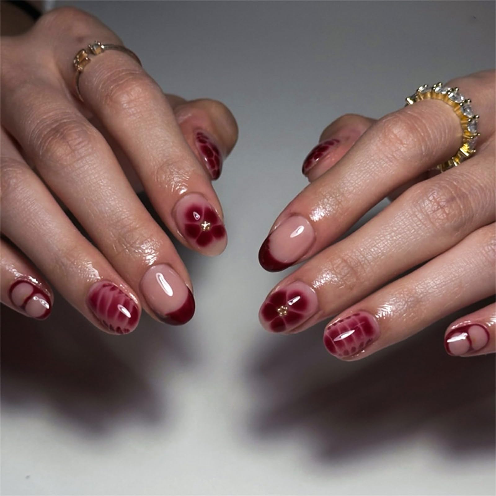 24 chiodi da incollare, con fiori rossi, per manicure fai da te, riutilizzabili