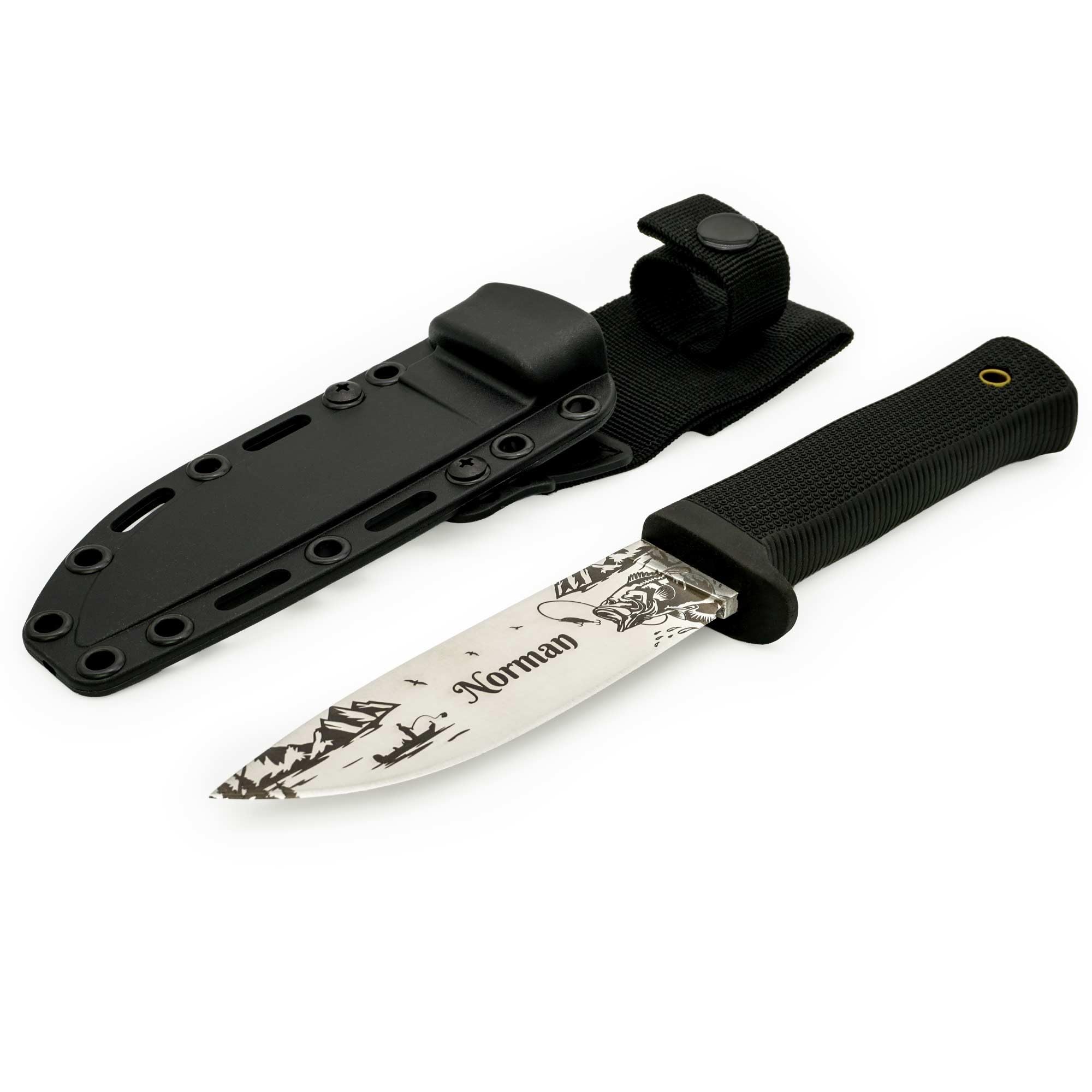 ADAM WILD Angelmesser mit Gravur | Anglermesser & Geschenke für Angler | Mit rostfreier Edelstahlklinge & gummiertem Griff | personalisiert mit Name & Motiv | inkl. Messerscheide | für Angeln