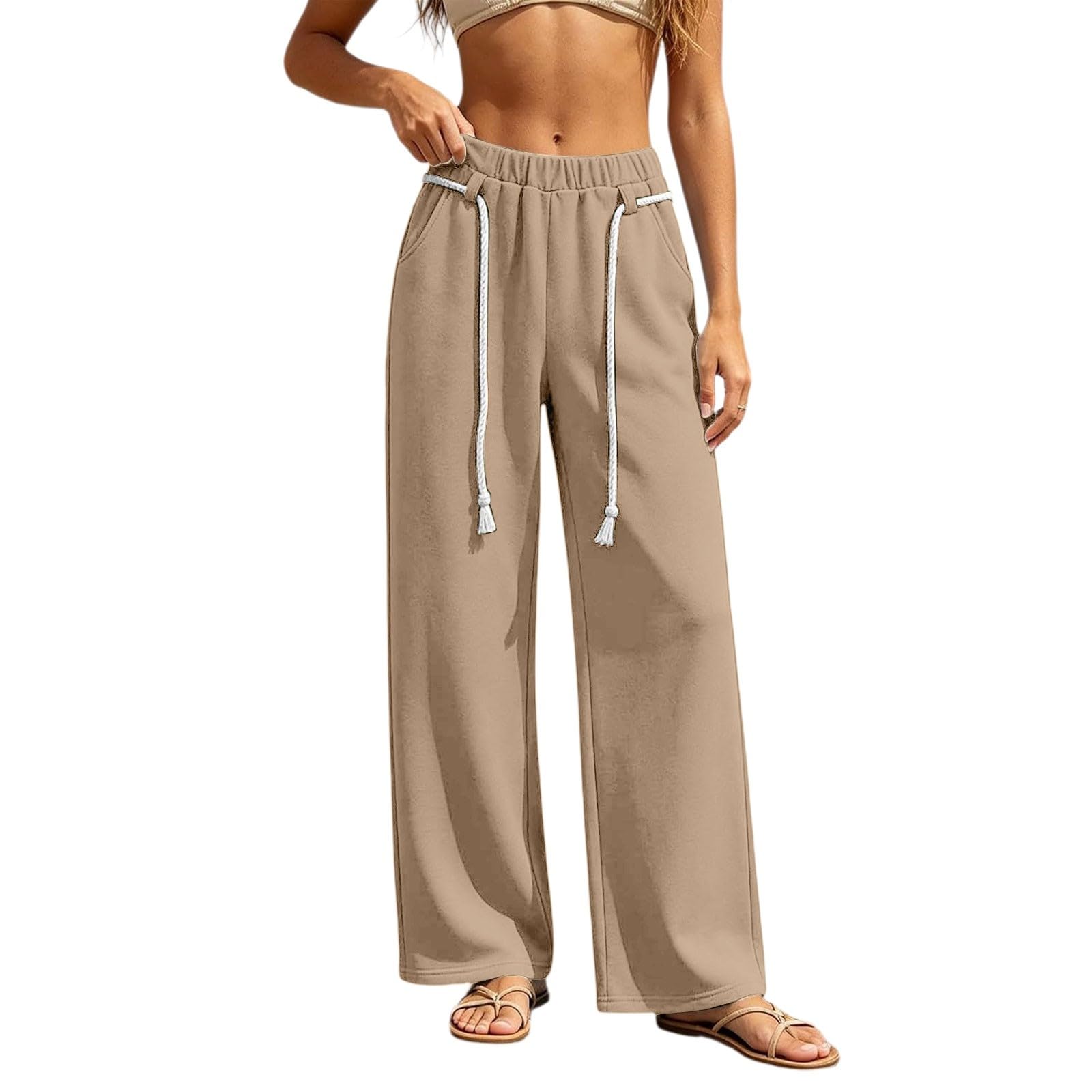 Hosen Damen Weite Bein Jogginghose Freizeithose Kordelzug Elastischer Bund | Loose Fit Sporthose Einfarbig Sommer Laufhose Casual Atmungsaktiv Trainingshose Mit Taschen Weiches Material Stoffhose